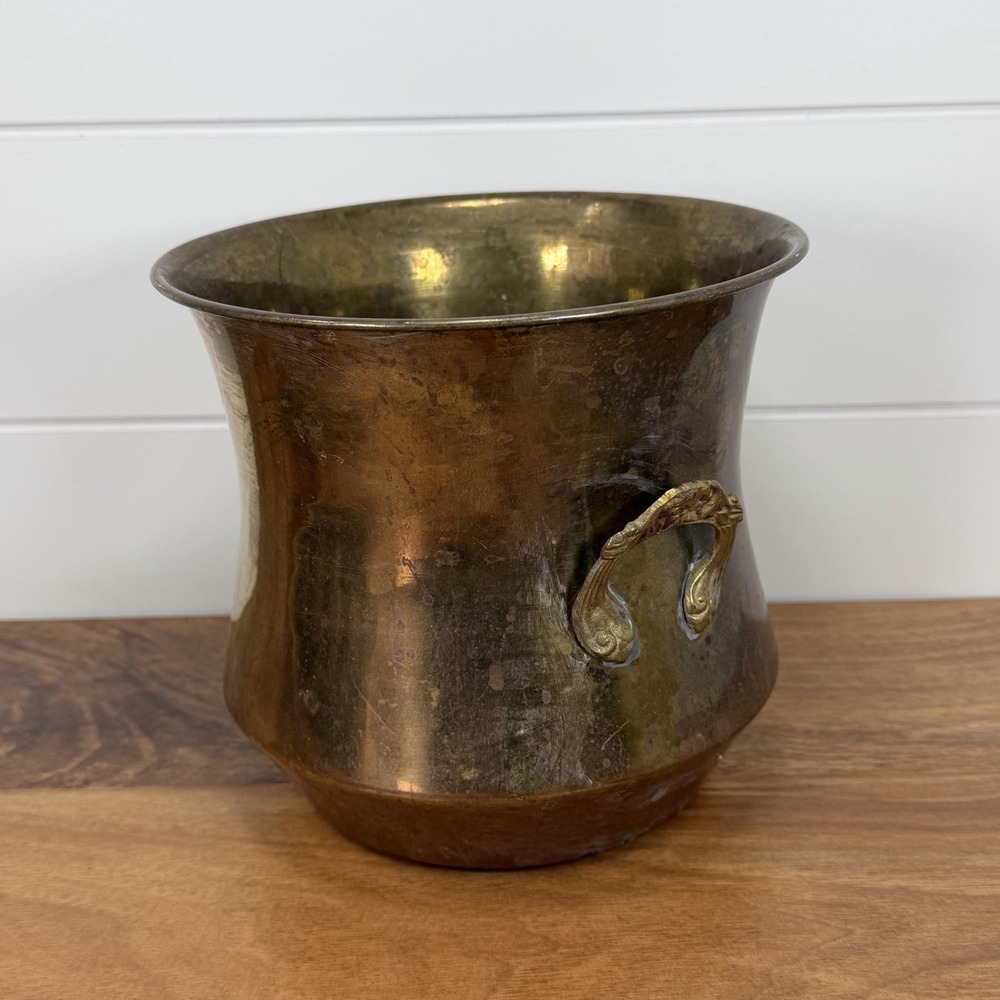 VTG Brass Planter Cachepot Pot With Handles Patina Cottagecore Boho Cauldron